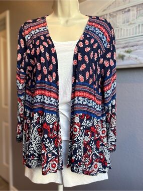 Xhilaration Navy Cardigan with Red and White Floral Print